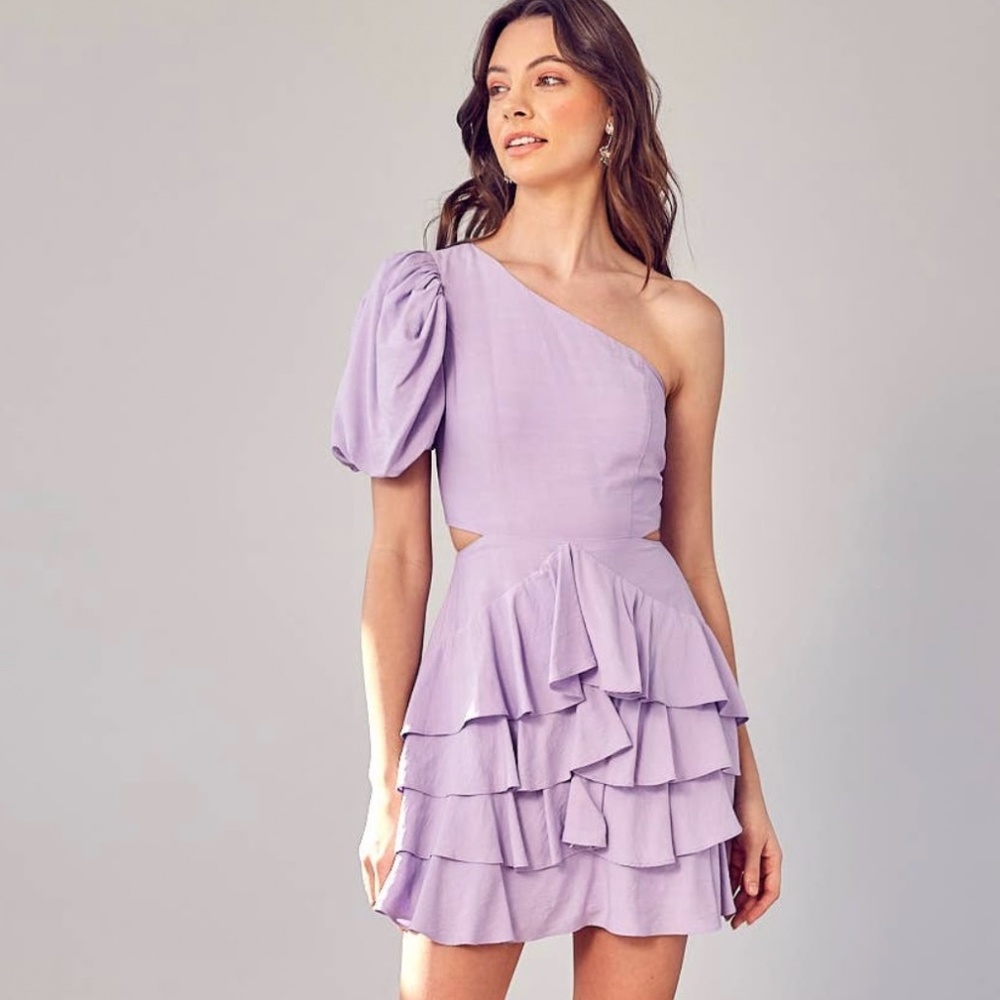 Do+Be Lavender one shoulder, side cutout, Ruffle dress 💜NWT